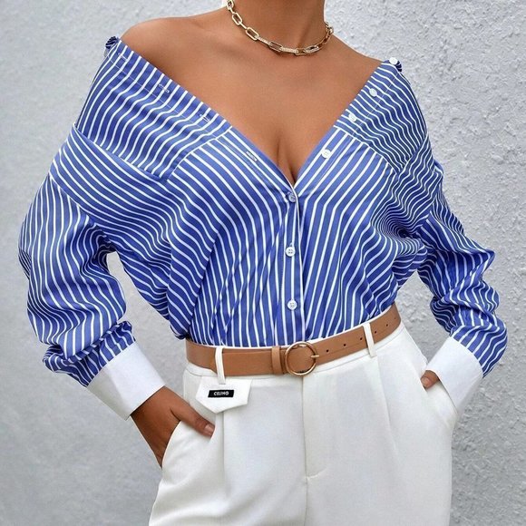 Blue and White Boho Womens Striped Print Button Front Shirt - Picture 3 of 5